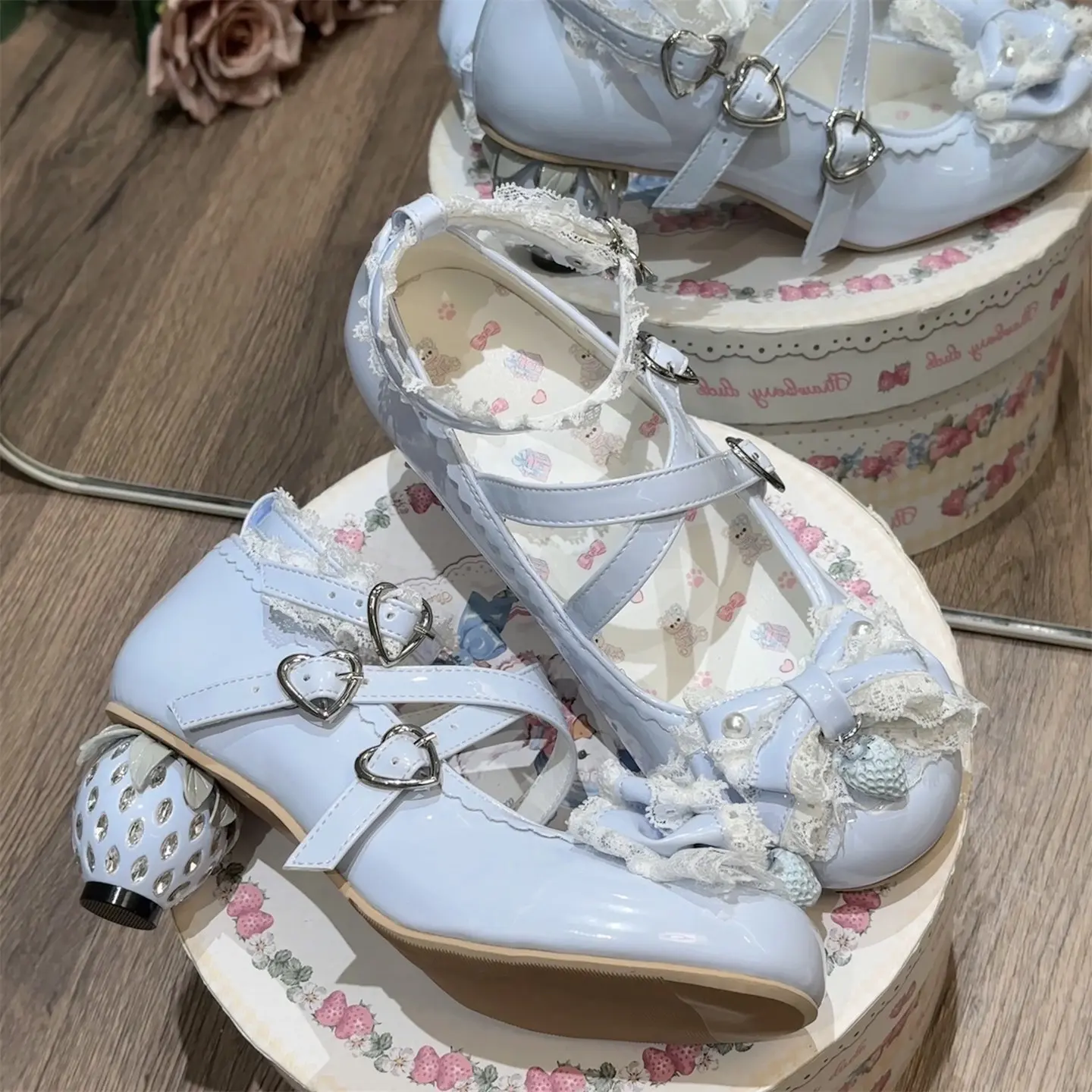Women Sweet Lolita Mary Jane Mid Heel Shoes Patent Leather Round Toe Bow Heart Buckle Cute Pearl Ball Heel Tea Party Pumps