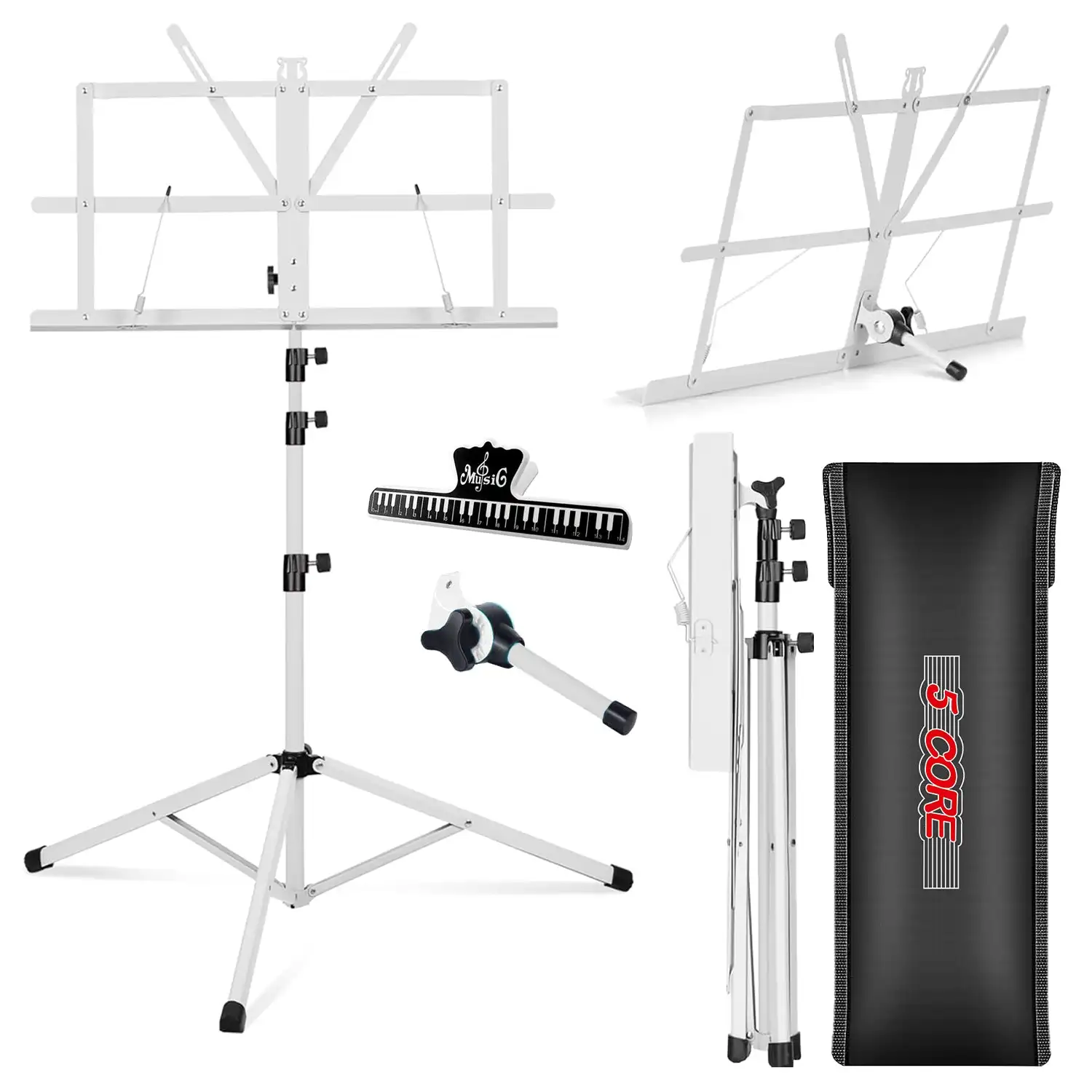 

5 Core Sheet Music Stand 2in1 Dual Use Portable Adjustable 28-67 Inch Folding Music Note Holder MUS FLD 4S WH
