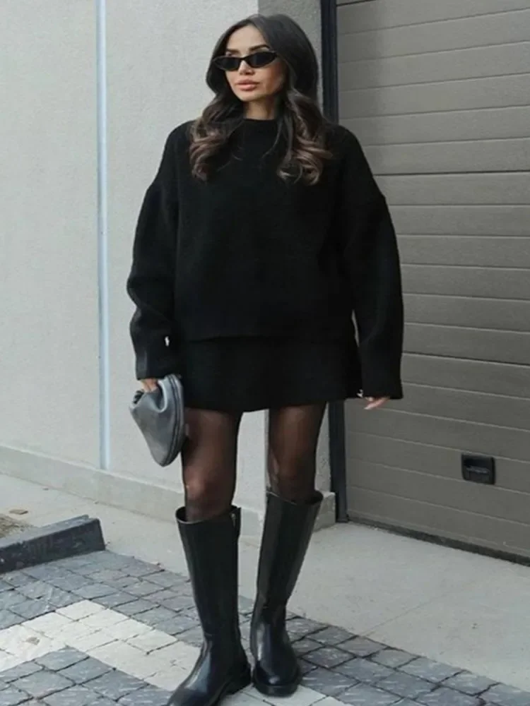 Elegant Skirt Suits Women O-neck Knitted Long Sleeve Pullovers High Waist Short Skirts Female Sets 2025 Autumn Lady Outerwears