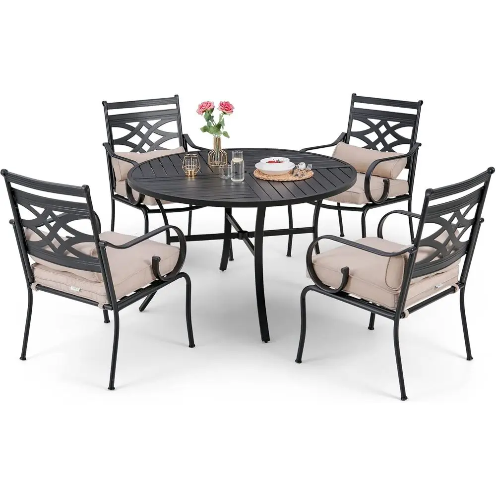 

Black 42 Round Outdoor Patio Dining Set with 4 Chairs and Removable Cushions