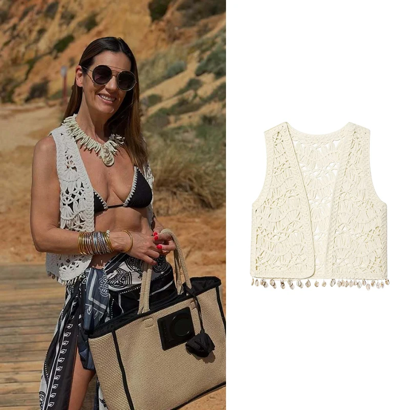 

RAFZNB Women Fashion Shell Decoration Knit Waistcoat Summer V-Neck Sleeveless Short Vests Female Chic Tops