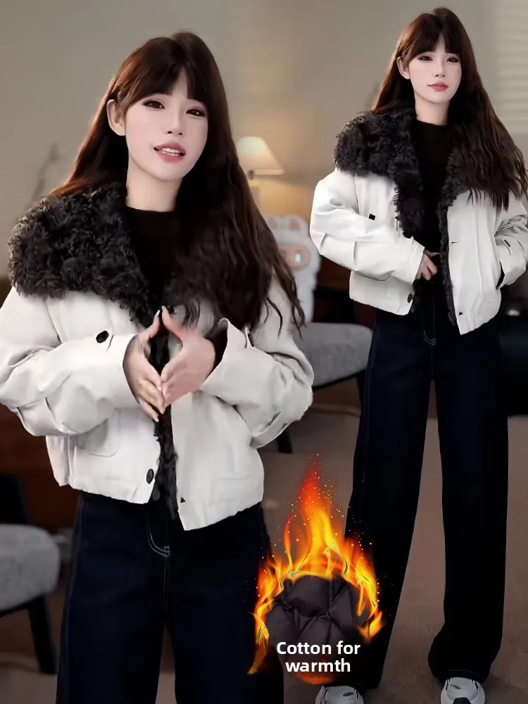 معطف نسائي من Thiened Fce شتاء دافئ جديد Sle تصميم أوروبي من القطن أسفل Jaet مع ياقة من الفرو فضفاضة تناسب طويلة...