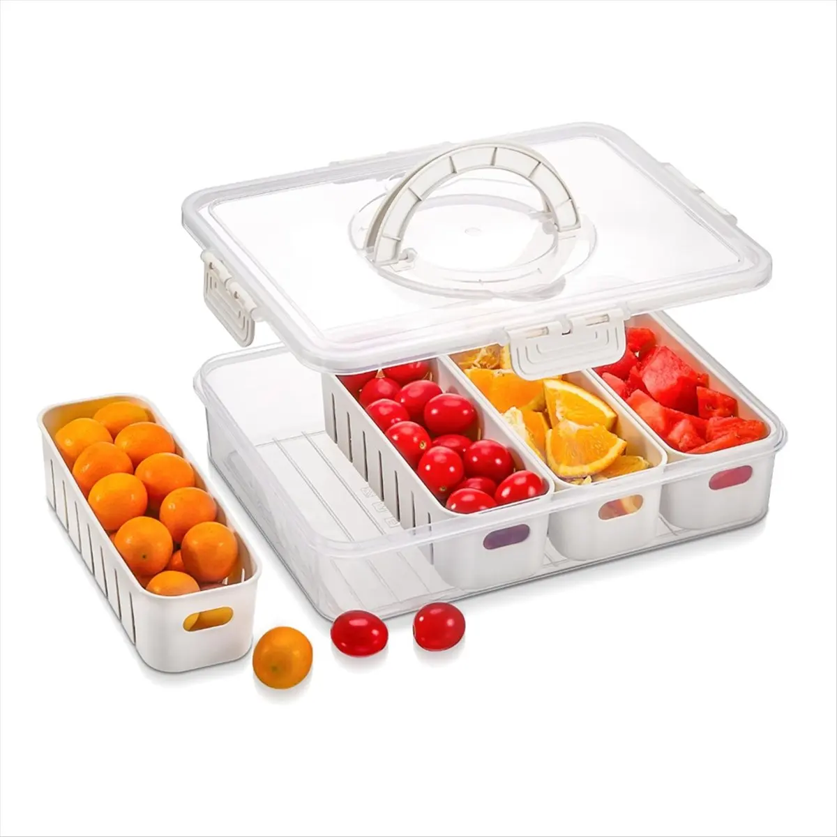 Portable Fruit Tray with Compartments, Clear Snack Organizer for Picnics & Kitchen Storage, Includes Lid & Handle