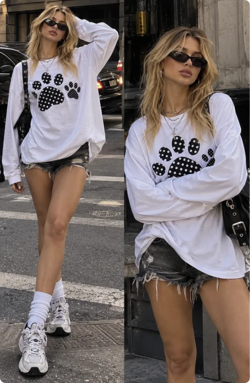 Spring Autumn Women's Long Sleeve T-Shirt Cute Polka Dot Paw Print Loose Tee Y2K Grunge Aesthetic Streetwear Casual White Tops