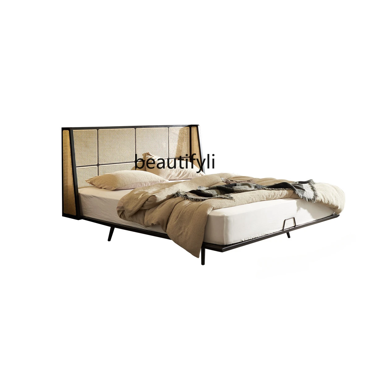 

Rattan Suspension Rattan Bed Master Bedroom Homestay Hotel Suspended Bed with Induction Lamp Solid Wood Double Bed