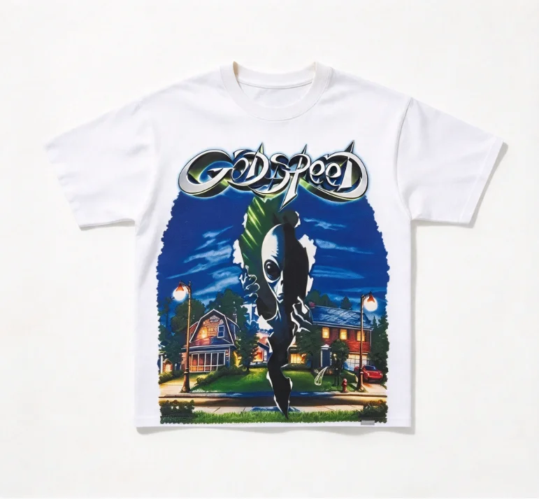 2026 new Vintage Alien Break Through House Poster Graphic T Shirt Unisex Black Short Sleeve  Streetwear Casual Loose Daily Top