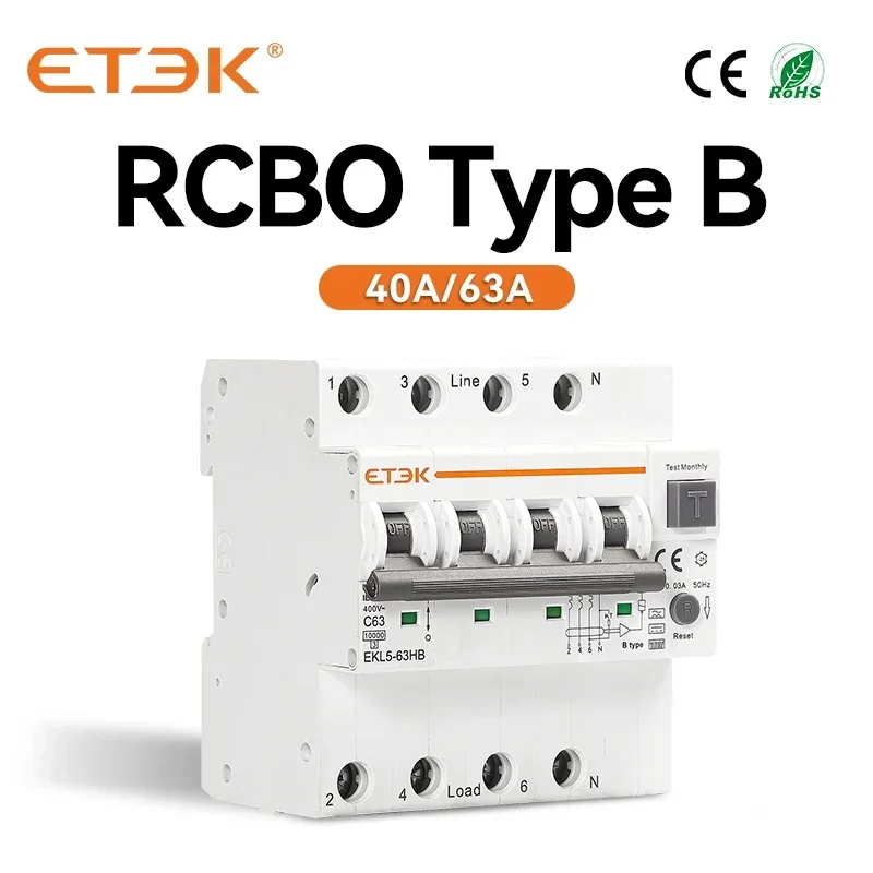 

ETEK Type B RCBO Residual Automatic Circuit Breaker 10KA 3P+N 4P 40a 63a Over Current Leakage Protection 30mA EKL5