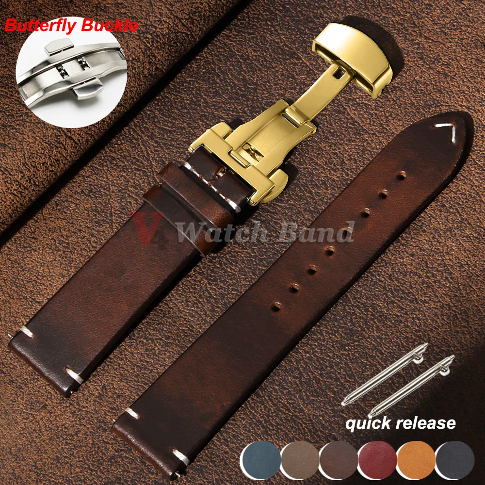 Goldene Schmetterlings-Schnalle Vintage Weiches Ölwachs-Uhrenarmband 18mm 19mm 20mm 21mm 22mm 24mm Armband Schnellverschluss-Uhrenband