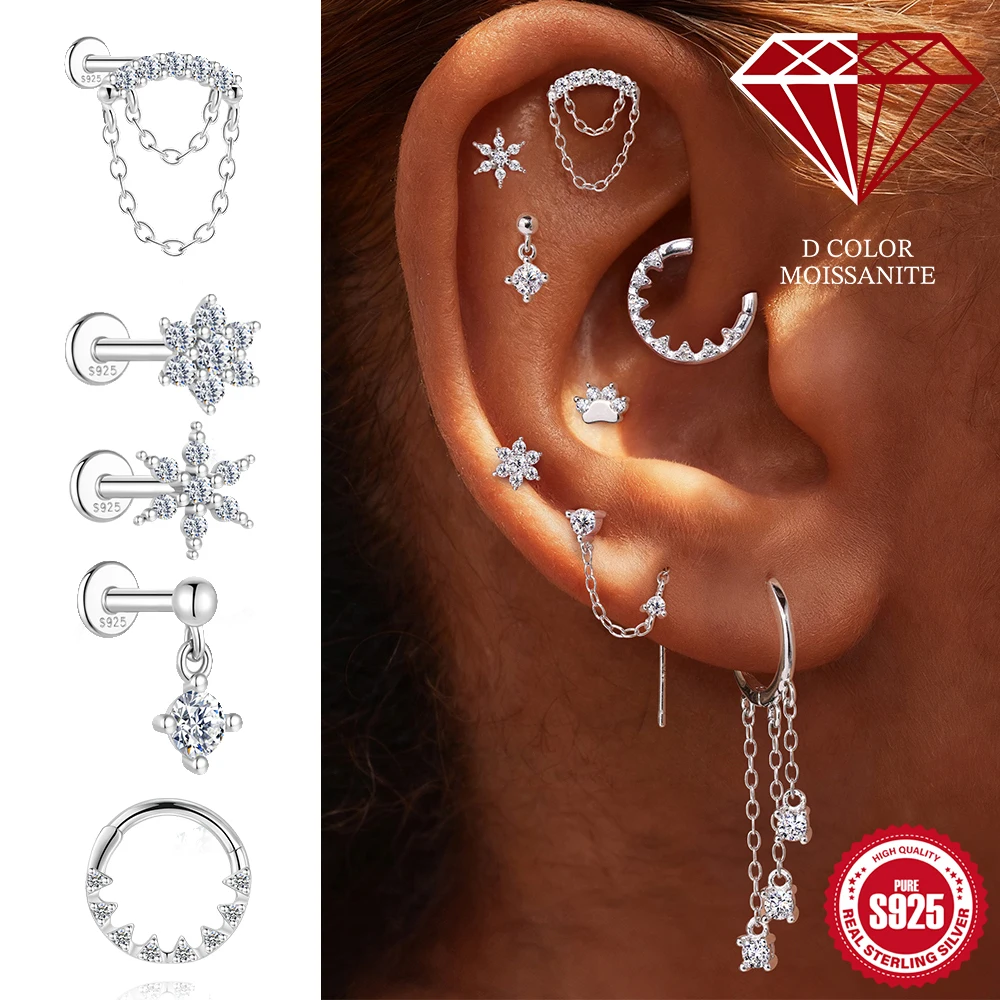 CANNER 925 Sterling Silver Moissanite Flower/snowflake/Paw Piercing Earrings for Woman Party Wedding thread Helix/Tragus Jewelry