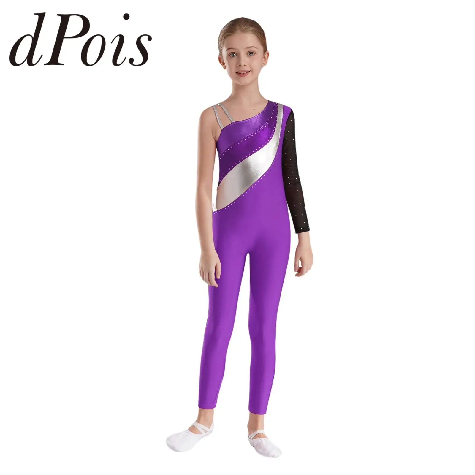 Kids Girls Gymnastics Jumpsuit One Shoulder Children Long Sleeve Metallic Patchwork Figure Skating Bodysuit Teens Dance Leotards