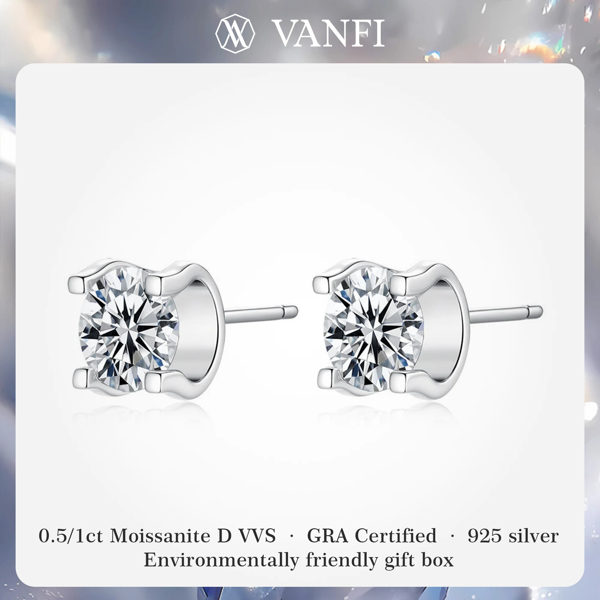 

kfvanfi s925 sterling silver moissanite 0.5/1ct women's earrings shining men's earrings plated with 18k white gold fine jewelry