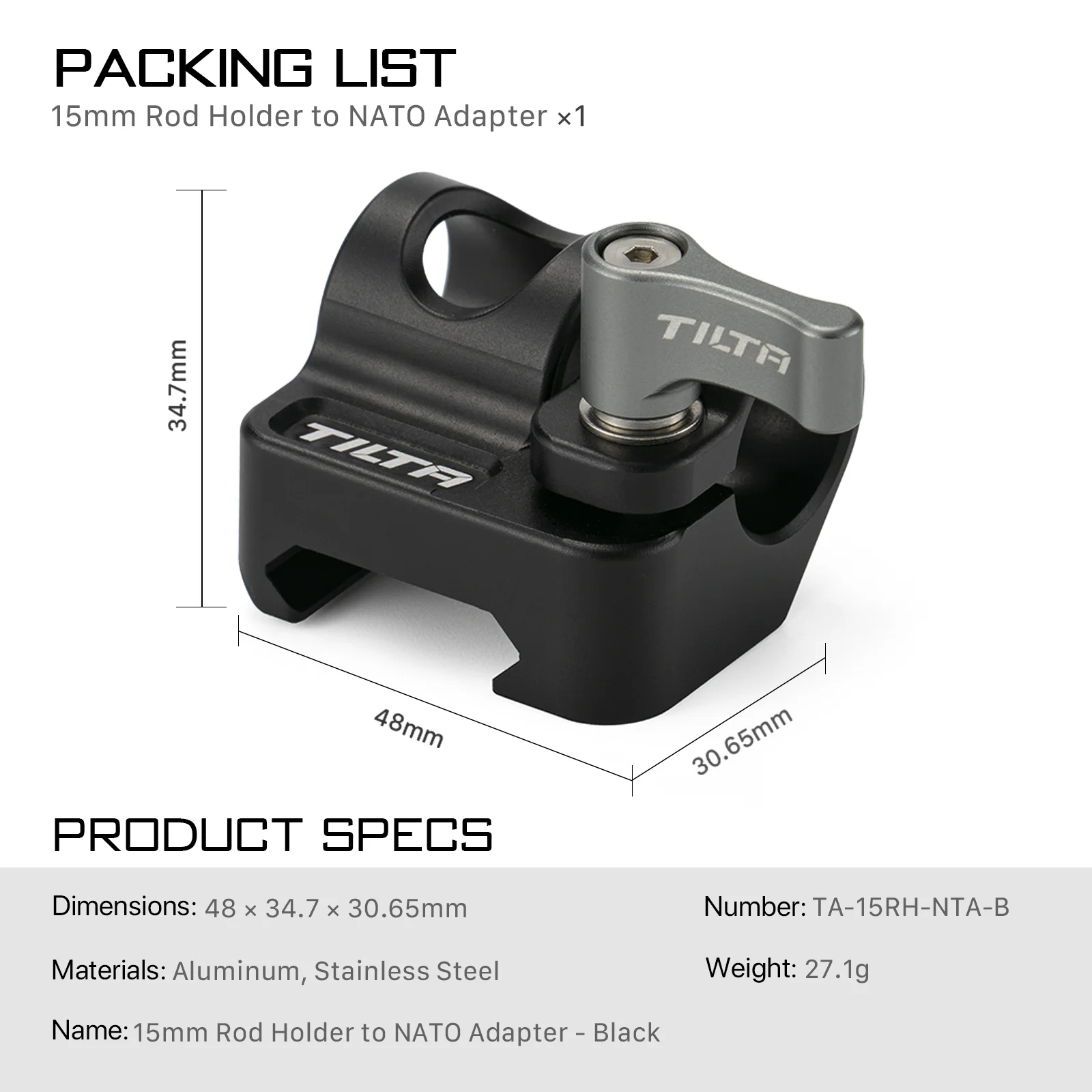 TILTA TA-15RH 15mm Rod Holder to 1/4"-20 Adapter Front Mounted & Side Mounted 15mm Rod Holder to NATO Adapter - Black