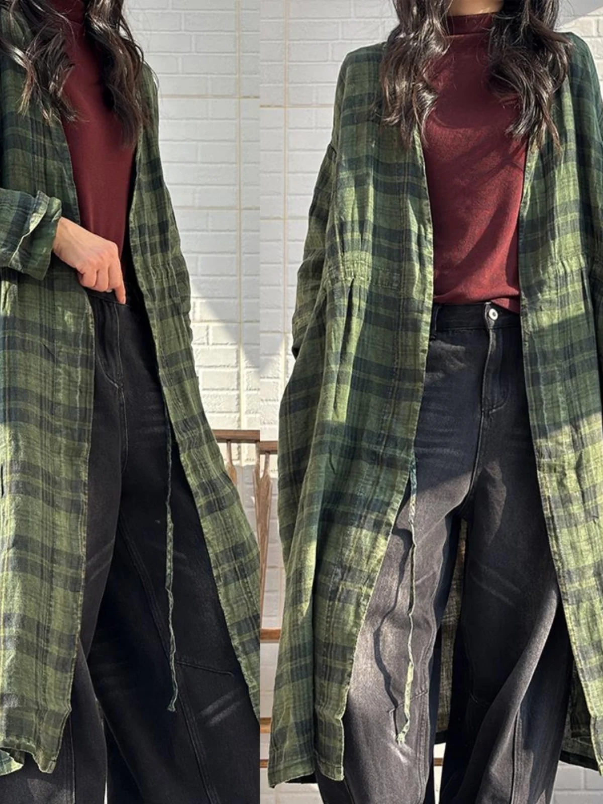 Ethnic Style Vintage Checkered Long Cardigan Loose Linen Windbreaker Women Outerwear Spring Autumn Plaid Dress MCP046