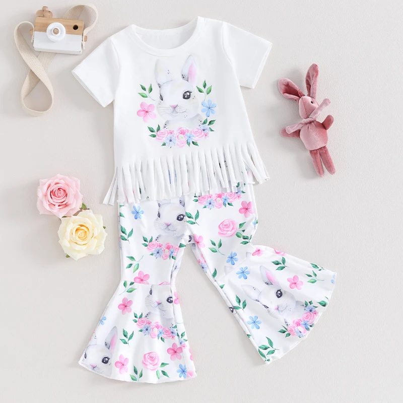 My First Easter baju bayi perempuan, Set bandana celana Bell Bottoms cetak bunga kelinci lengan pendek