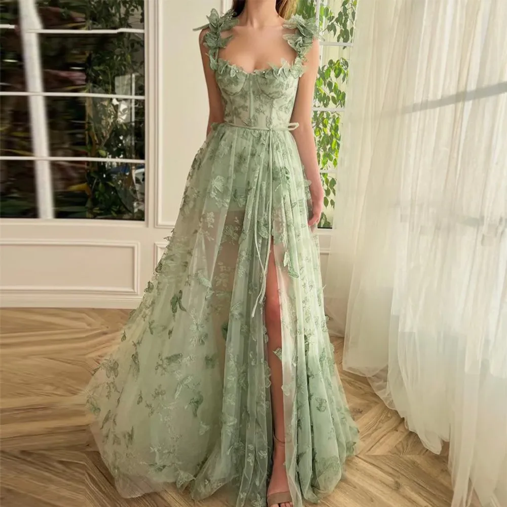 Verde 3D pizzo Butterfiles Sweetheart Prom Dresses 2023 Spaghetti Straps a-line High Slit Fairy Evening Gown