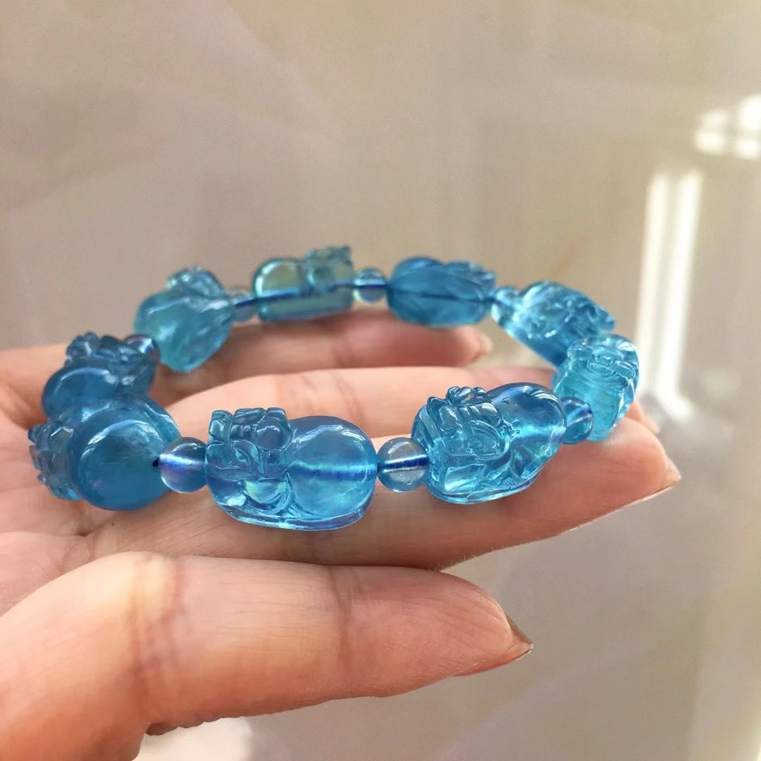 

Natural Blue Aquamarine Quartz Pi Xiu Clear Beads Bracelet 14x11mm Carved Gemstone Wealthy Stone For Women Men AAAAAAA