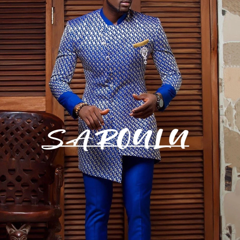 

Blue Delicate Patterned Standing Collar Ethnic Style Men's Shirt On Sale Arabic Plus Size Gown Daily Long Sleeves Party Wear