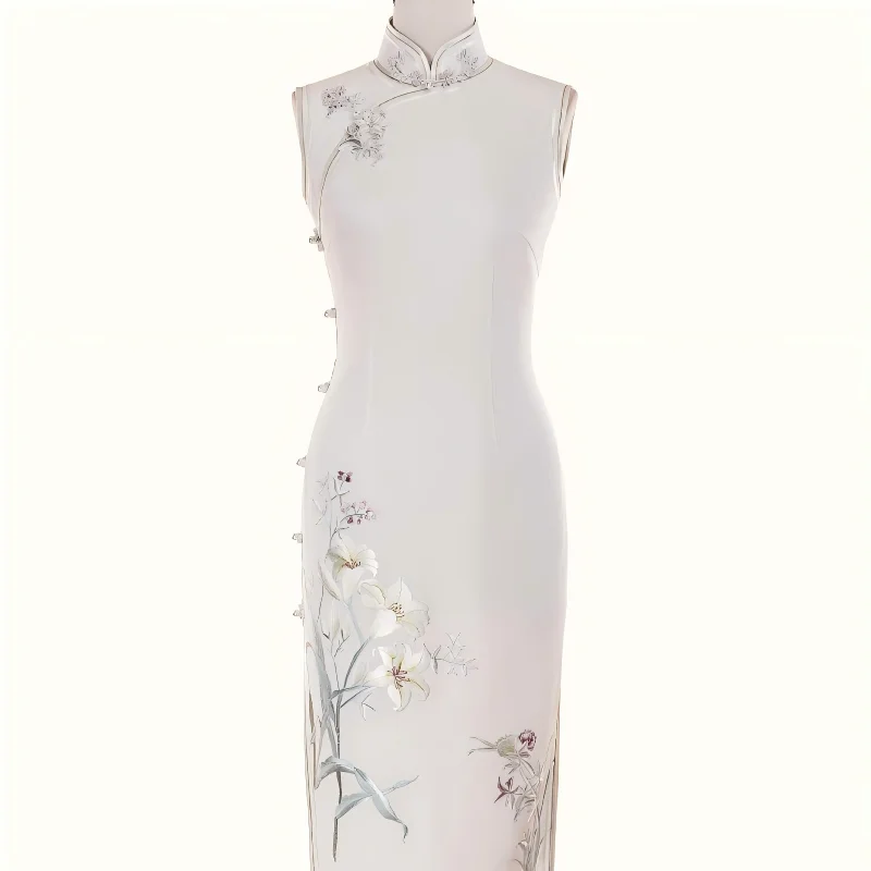 

High-end Elegant White Sleeveless Floral Patterns Cheongsam Chinese Traditional Clothing Qipao Dress Formal Evening Dress