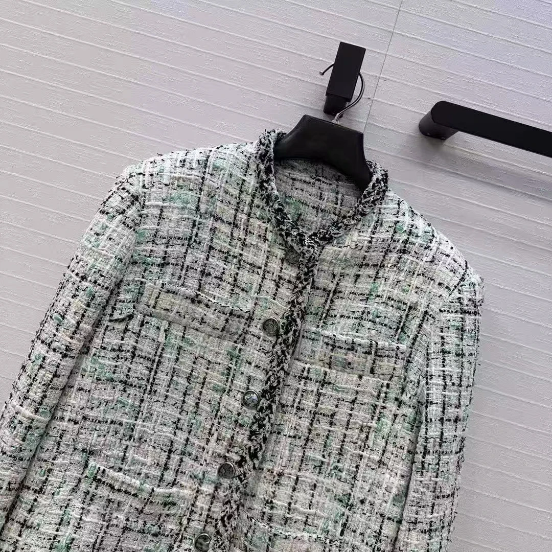 Top Quality Vintage Green Plaid Woven Tweed Jacket Women French Elegant O-neck Long Sleeve Buttons Chains Sweet Coat Silk Liner