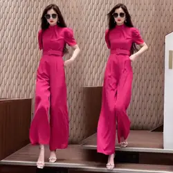 Elegant Slim Waist Short Sleeve Jumpsuit Women 2024 Summer Fashion Casual Pocket Wide Leg Pants Rompers Ladies Office Jumpsuits