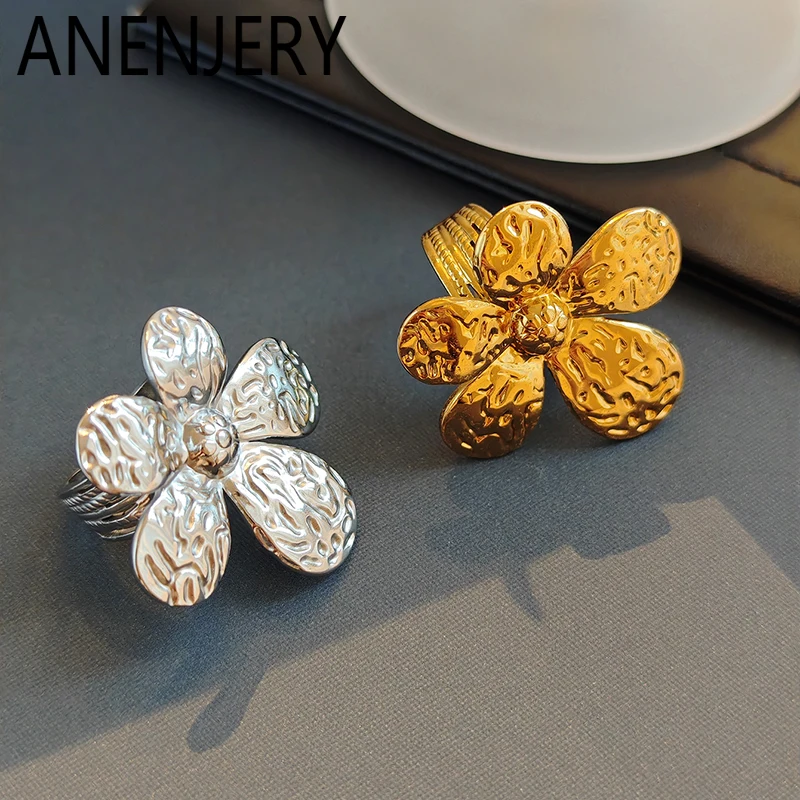 ANENJERY 316L Stainless Steel Metal Flower Open Ring for Women Exaggerate Bohemia Fashion Jewelry Gifts Wholesale Party