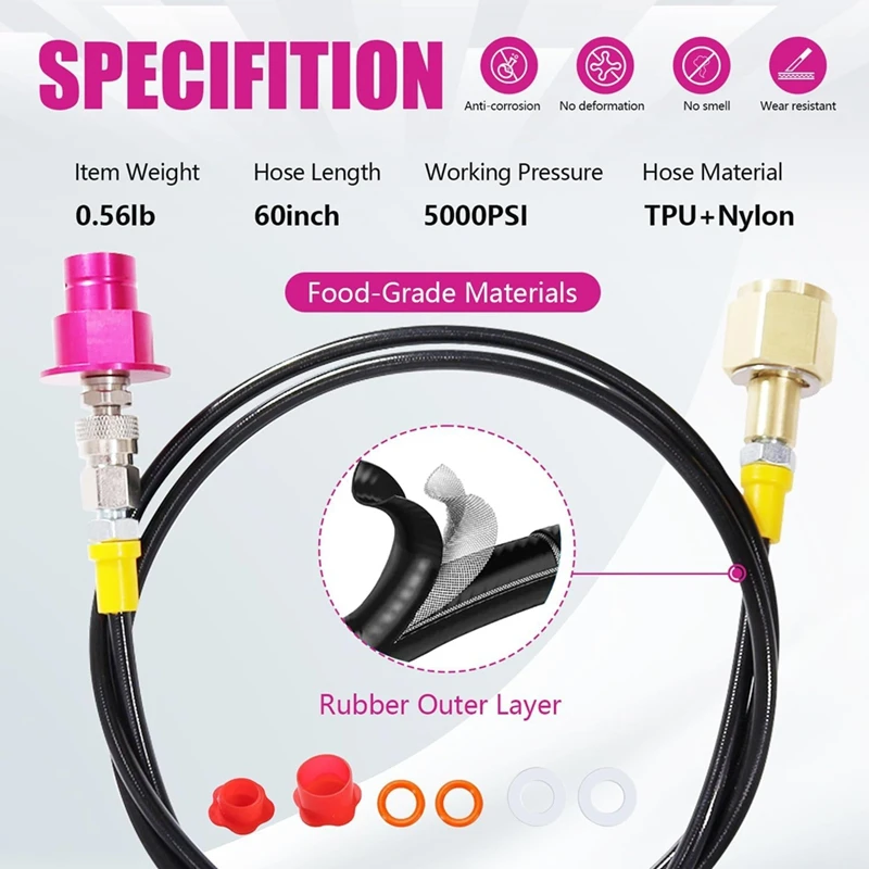 ABMR-Soda Machine Co2 Adapter Quick Connector Adapter Hose,60 Inch For Co2 Storage Tanks For Terra DUO Art Gaia Series CGA320