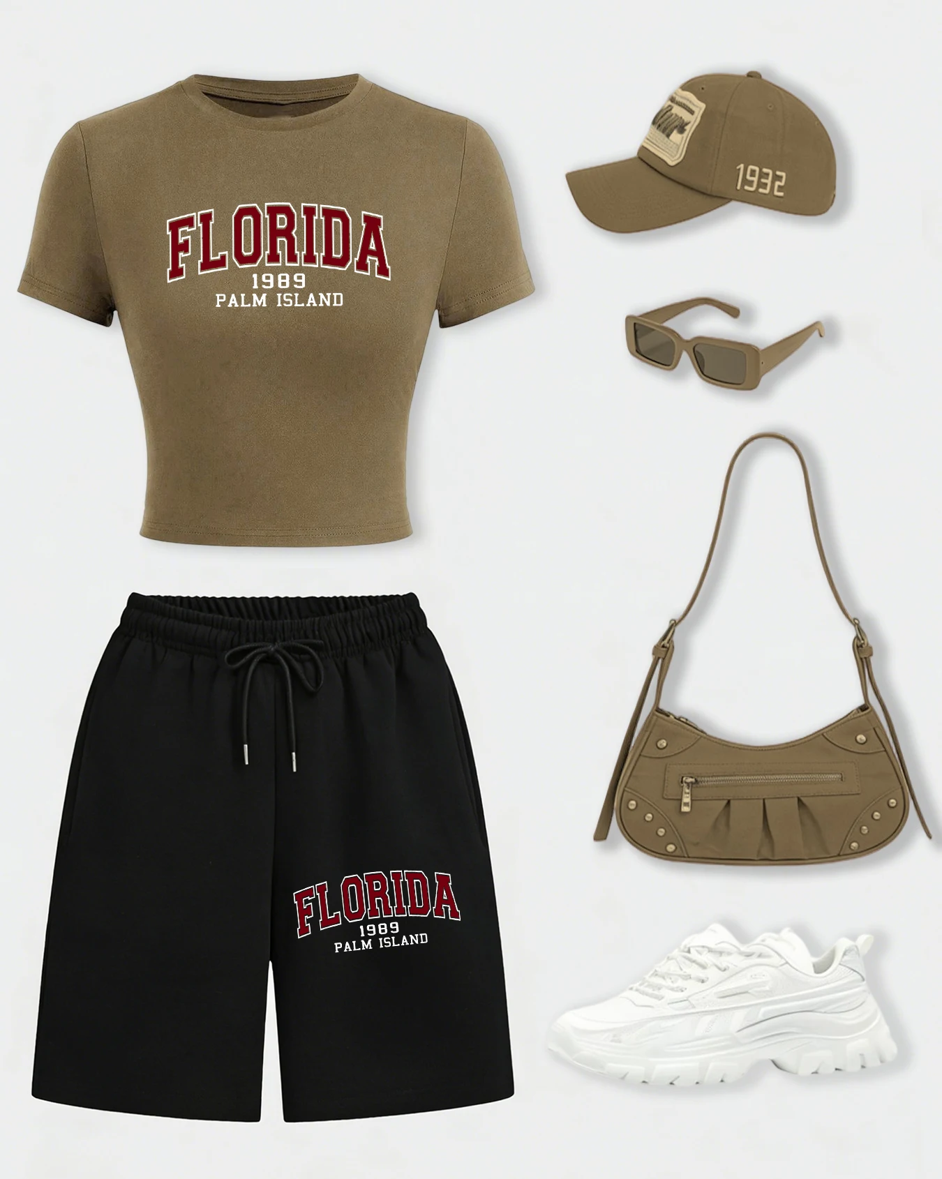 

Florida Palm Island Letter 1989 Design Crop T Shirt Suits Woman Fitness Cotton T-Shirts O-Neck Tops Gym Wide-Leg Summer Shorts