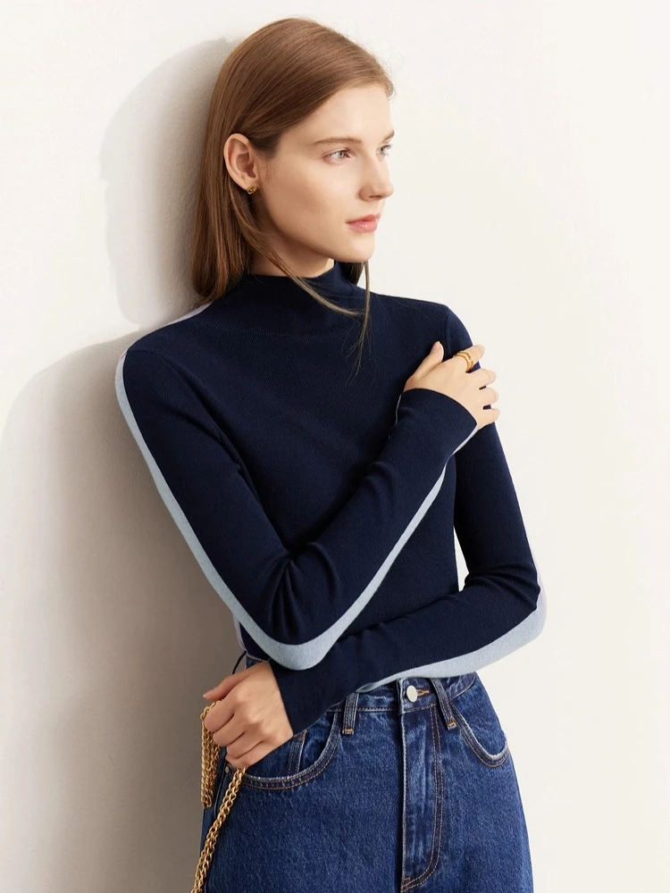 

AMII Women's Sweater 2025 Winter New Versatile Half High Collar Slim Tops Ladies Patchwork Knitted Sweaters For Women 12343349