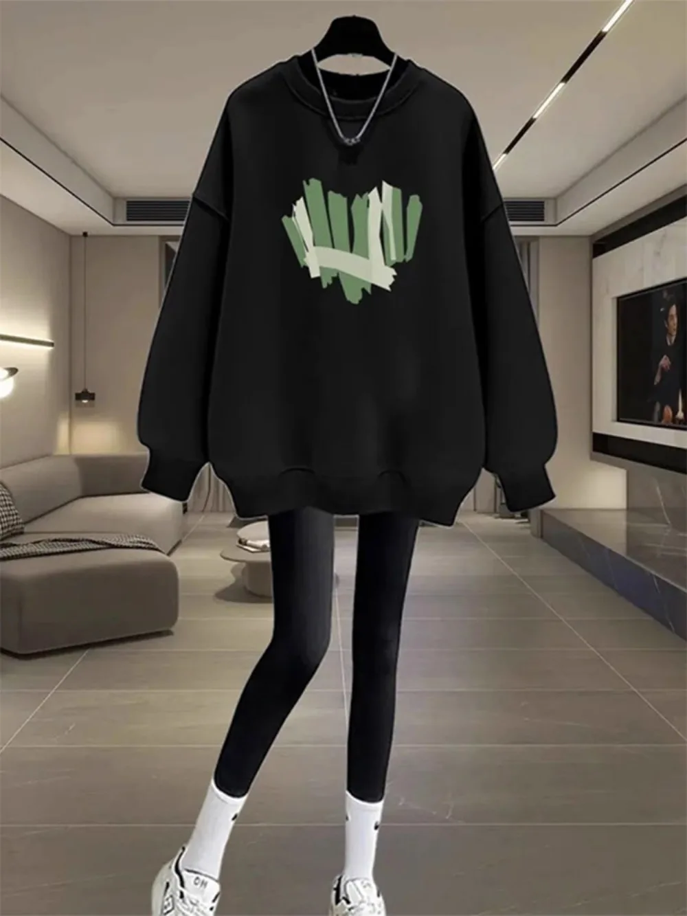 High-end Big-name Medium and Long Sweater Long-sleeved T-shirt Women's Autumn and Winter New Black European Shark Pants with Top