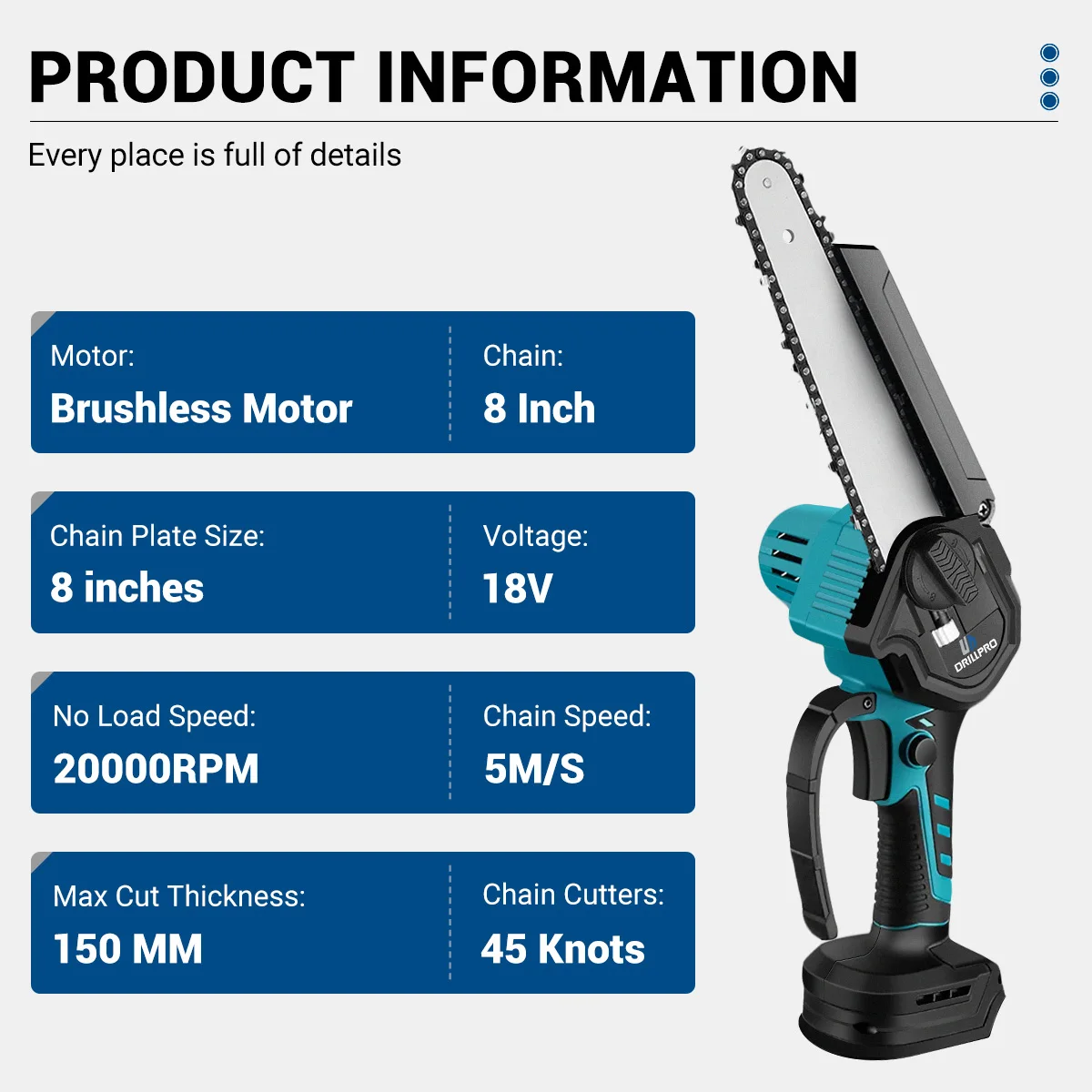 Drillpro 무선 브러시리스 전기톱, 목공 가지 치기 전기톱, 정원 전동 공구, 마키타 18V 배터리, 8 인치