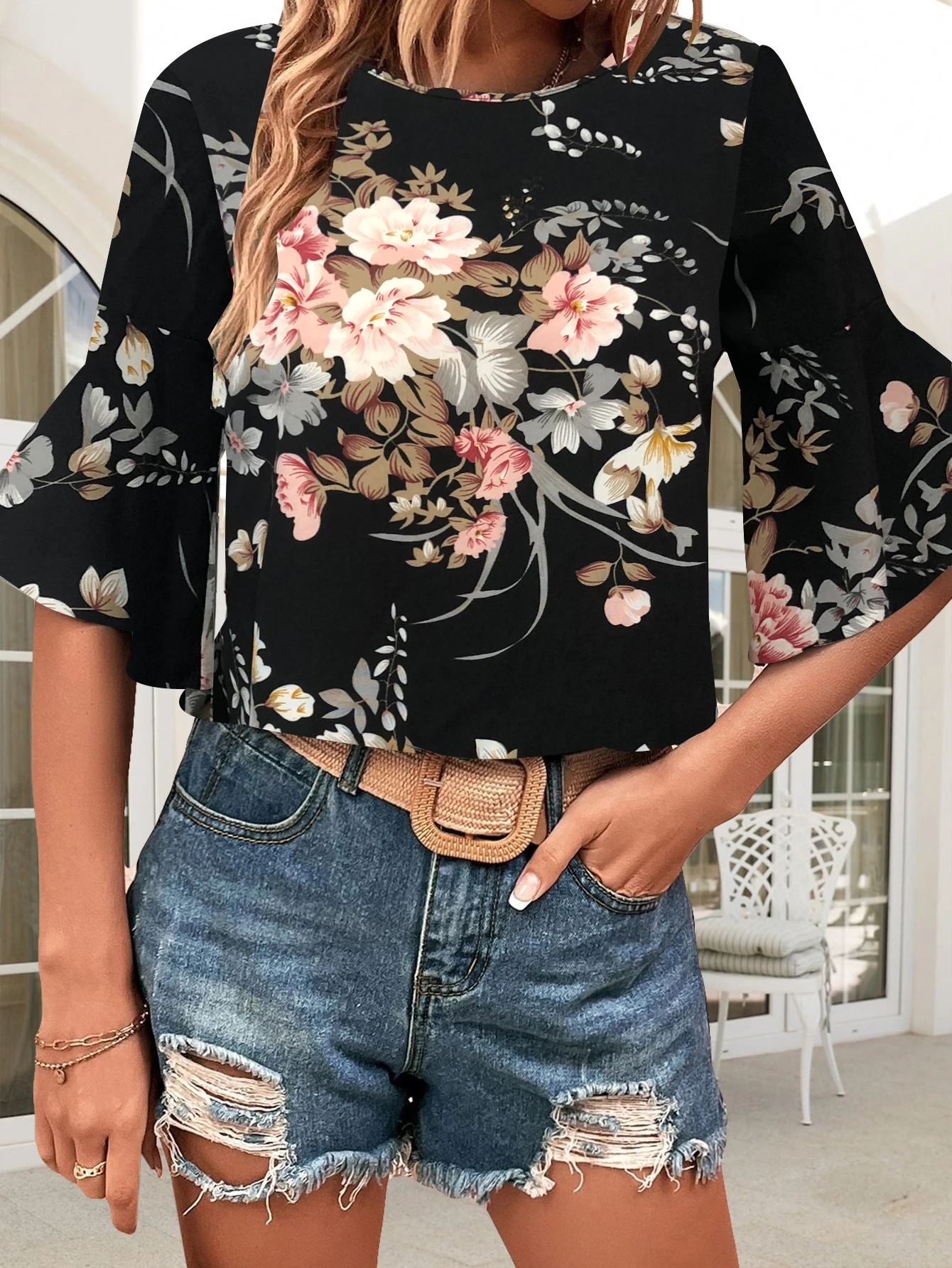 Summer Casual Floral Printed Blouses Shirts Women Basic Neck Half Sleeve Tops Ladies Vintage Chic Blouses