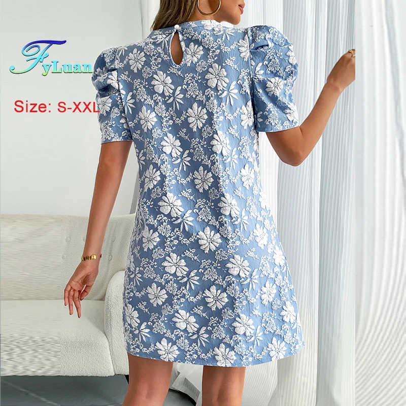 Sommer Retro Stil frauen Kleid Rundhals Blase Hülse Jacquard Textur Schlank Mini Kleid Mode Bankett Elegante Süße Kleid