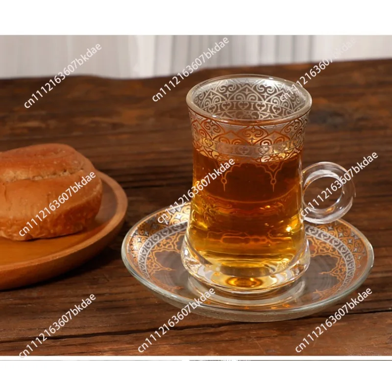 18Pcs Turkish Middle Eastern Glass Coffee Cup Set, Luxury Gold Foil Teacup Saucer Spoon Serving Kit
