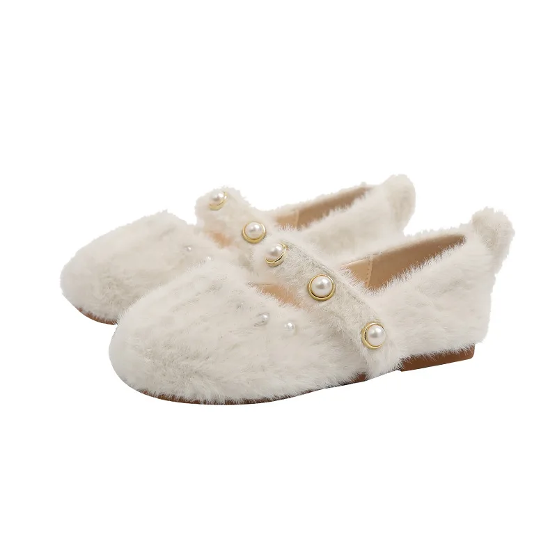 Qunq 2023 inverno nuovo colore solido ragazze peluche perla artificiale esterno indossare scarpe di cotone con scarpe da principessa in peluche