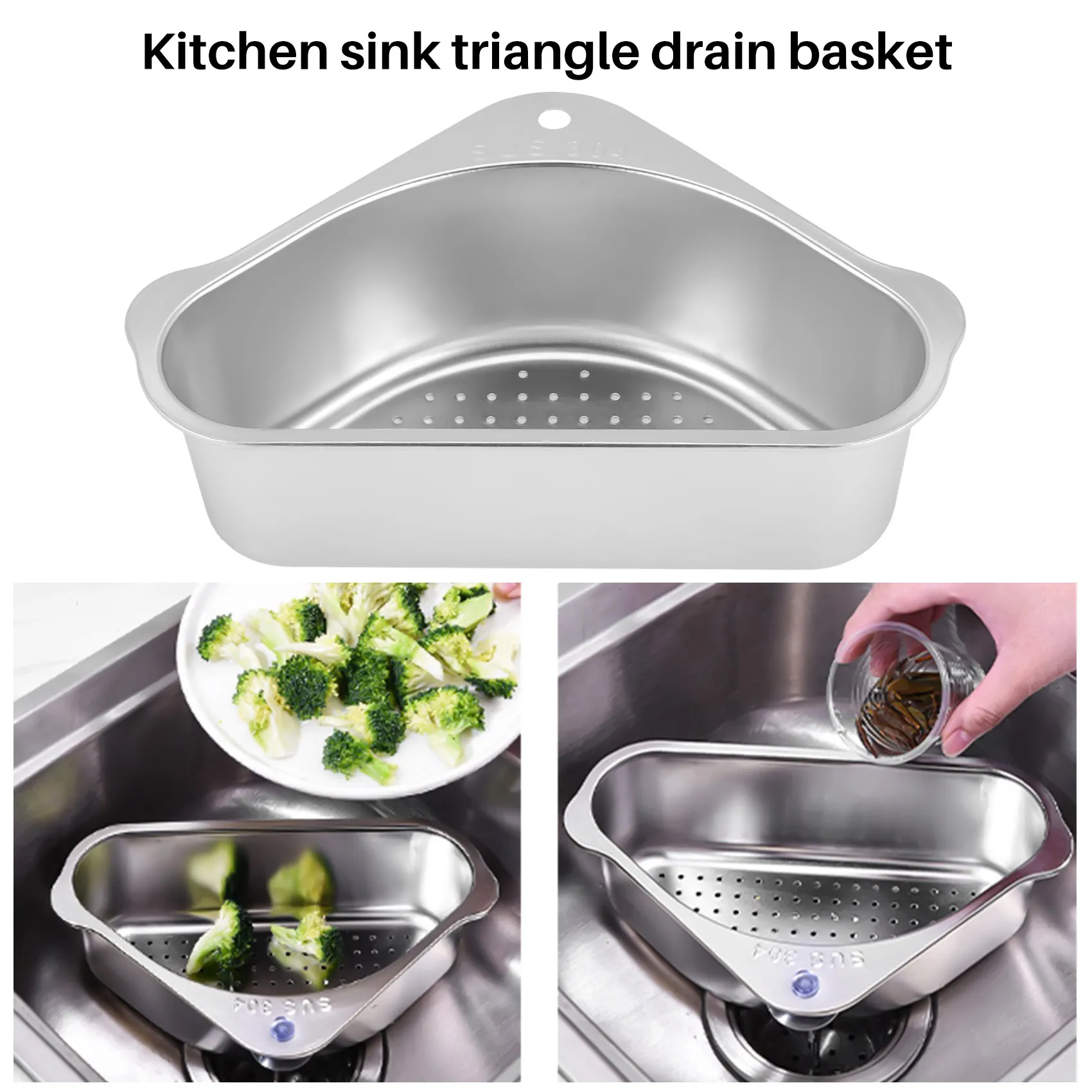 Kitchen Sink Drain Basket Suction Cup Triple-cornered Draining Shelf Sink Strainer Sponge Holder for Support Corner