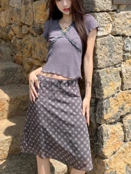 2024 Grey Plaid Vintage 2 Piece Sets Women High Waist A-line Y2k Summer Retro Skirt Suit Female Korean Fashion Casual Clothes