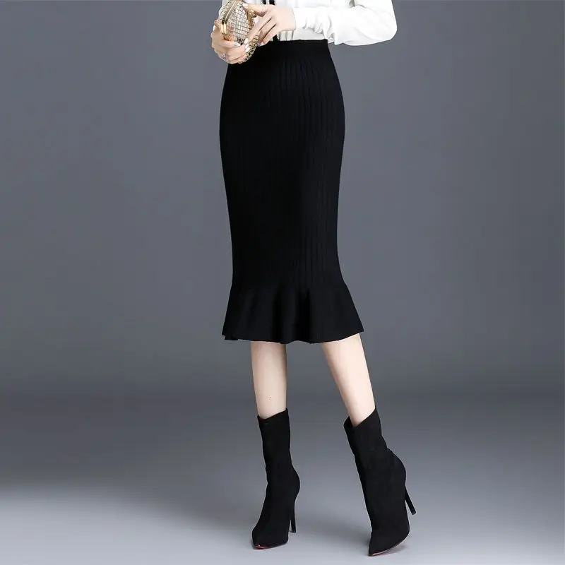 

Knitting Midi Skirt for Women Autumn Winter New High Waist Solid Color Plus Size Ruffles Fish Tail Skirt Elegant Vintage Clothes