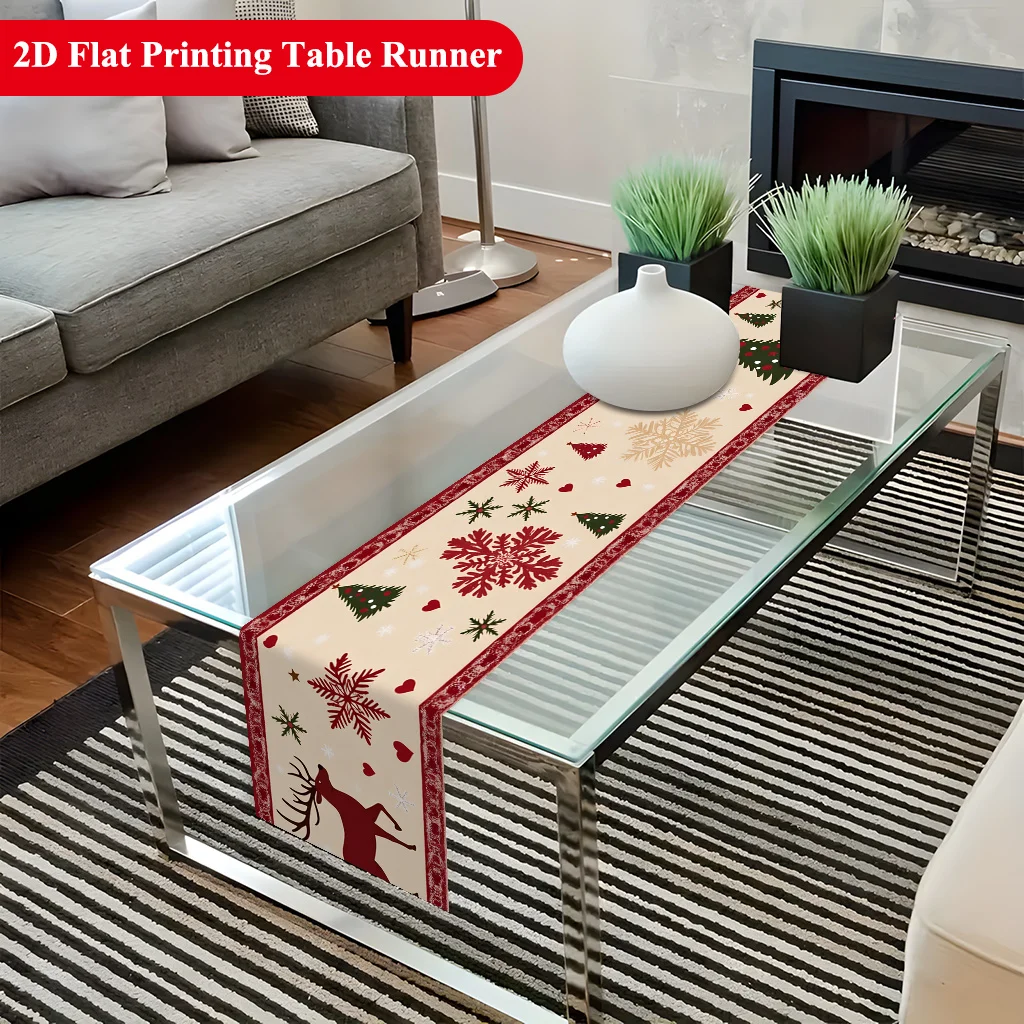 Christmas Reindeer Snowflake Table Runner Mini Tree Heart Print for Dining Table Vintage Farmhouse Decor
