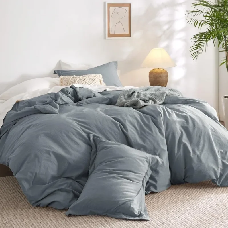 100% Washed Cotton Down Duvet Set - Grey Blue Minimal Cotton Down Duvet Set Linen - 3 Cotton Down Duvet Sets with 2 Pillowcases