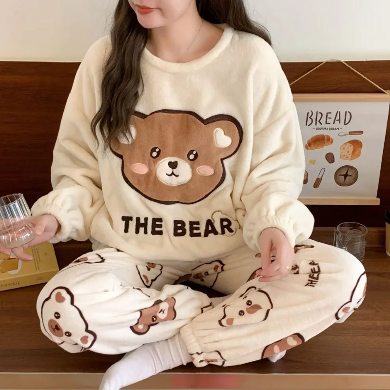 Thickened Warm Sleepwear for Winter Cartoon Flannel Pajamas Homewear Women Velvet Coral Velvet Cartoon Bear Nightwear Loungewear