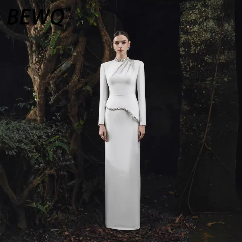 

Модное женское элегантное платье BEWQ с круглым вырезом, длинными рукавами, бисером, завышенной талией, однотонное, приталенное, для вечерних мероприятий, весна 2026, новинка
