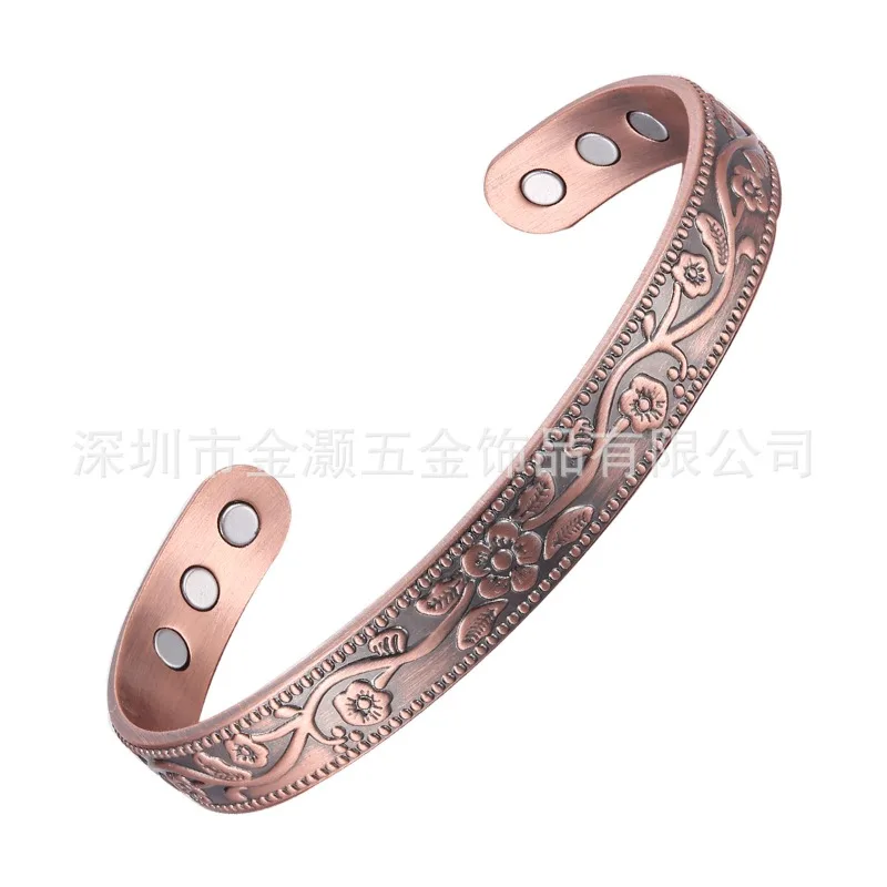 Vintage Plum Pattern Pure Copper Bangle & Ring Set Magnetic Energy Therapy Bracelet Unisex Retro Health Wrist Finger Jewelry