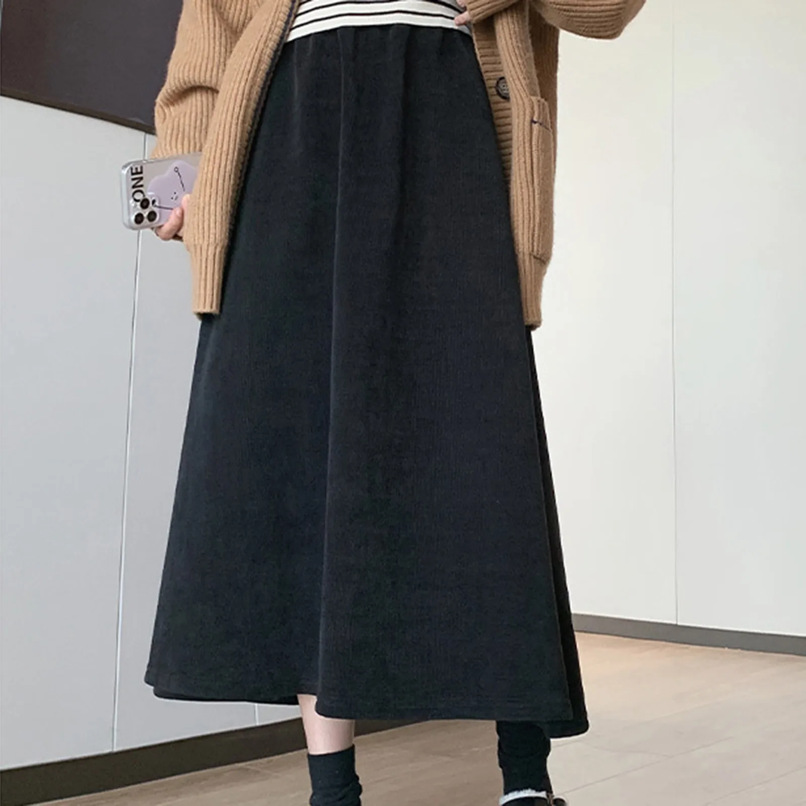 

Women's Vintage Solid Color High Waist A Line Fleece Lined Thermal Half Bodies Skirts Fashion College Style Casual Long Skirt