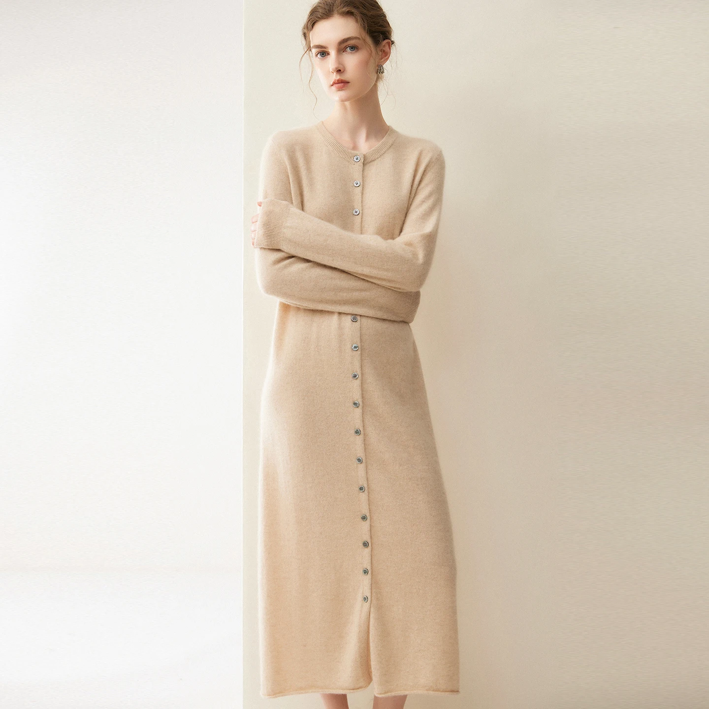 100% Pure Goat Cashmere Long Cardigan Women's O-Neck High-Quality Knit Long Skirt Fashion Loose Soft Knitwear Cashmere Warm Coat