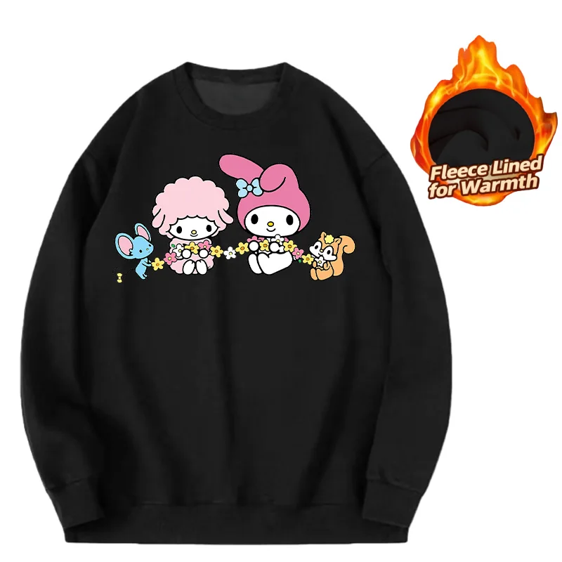 Sanrio Series Printed Crew Neck Long-Sleeve Top, Cute and Warm Fleece-Lined Crew Neck Long-Sleeve T-Shirt, 100% Cotton