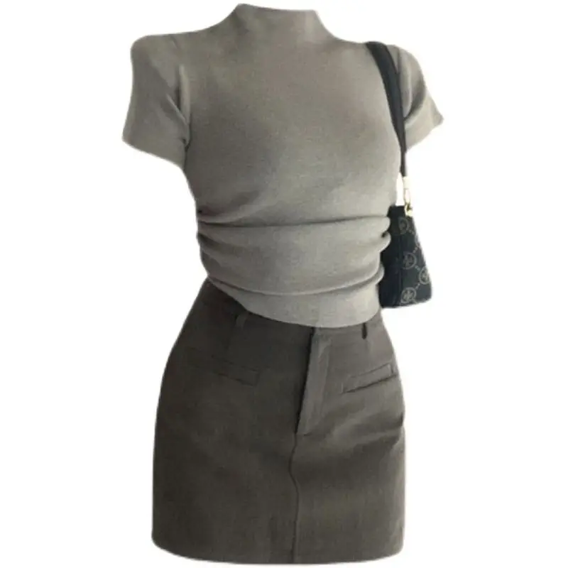 

plus Size Women's T-Shirt And Skirt Set Hot Girl Street Style Summer Loose Fit Short Sleeve Pure Color High Collar