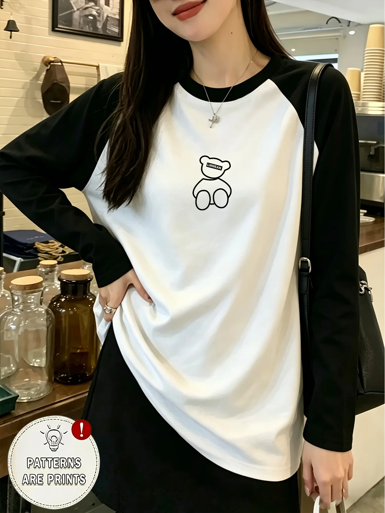 Niche Chest Easy Bear Print Raglan Long Sleeve T-Shirt Women's Casual Crew Ncek T Shirt Vintage Style Tops Clothes Female Outfit