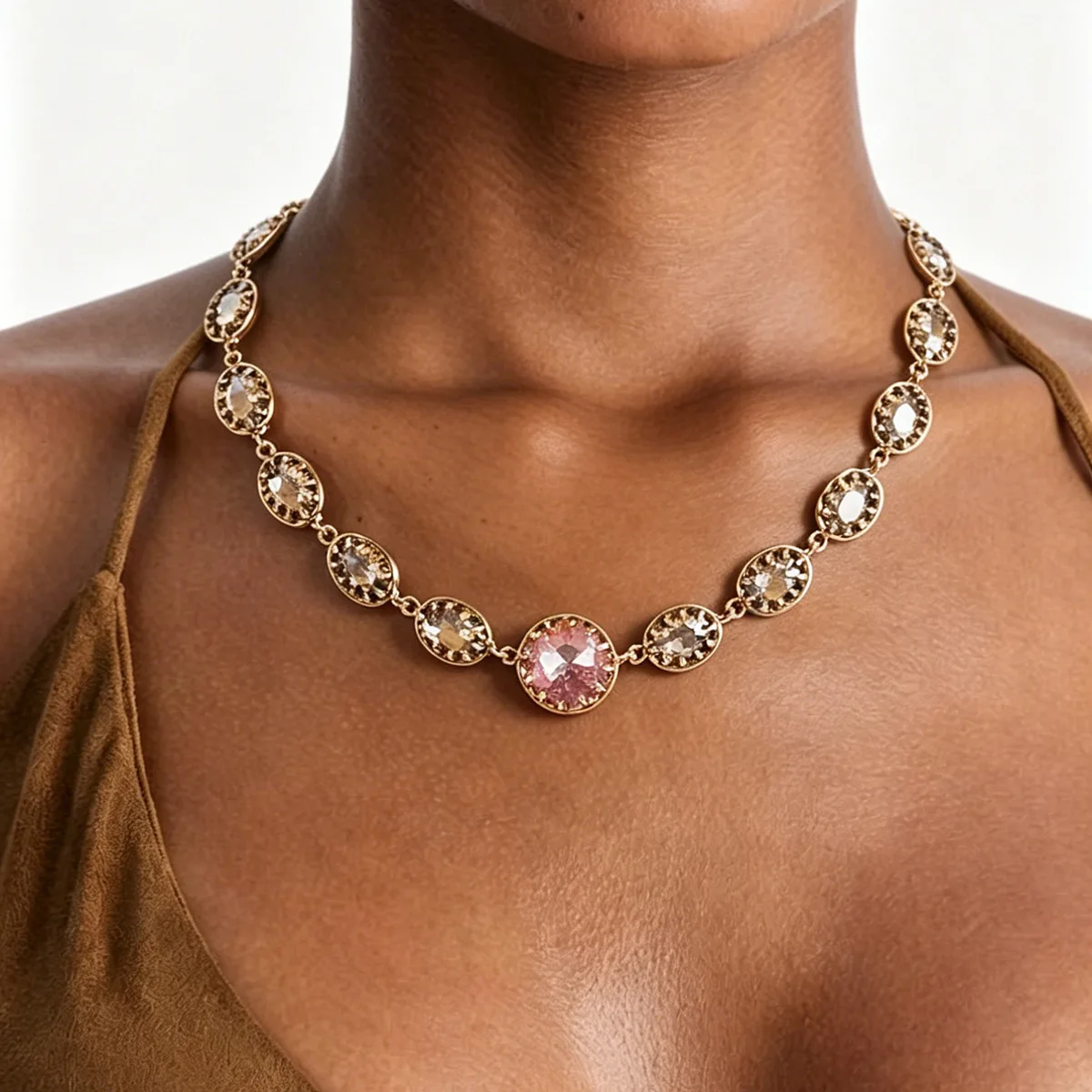 N13834 Gorgeous Flash Diamond Glass Bead Necklace Mobius Gypsy Light Luxury Pink Water Drop Earrings Women