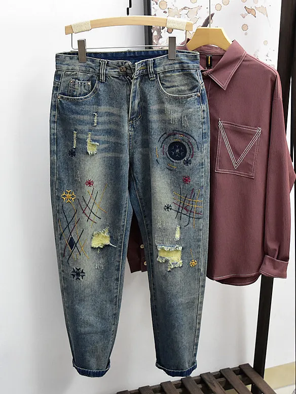 

Fall New Sle Men's Jeans Patchwork Embroidery Hole Loose Straight Leg Trendy Long Pants Casual Wear Durable Denim Fabric