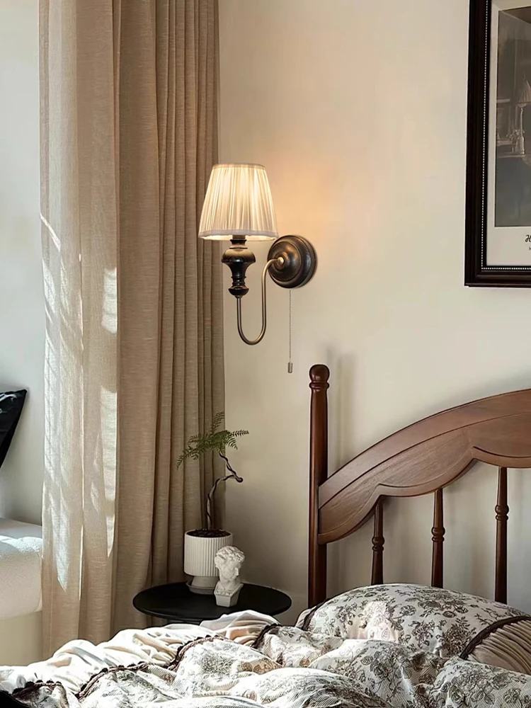 

Vintage Solid Wood Switching Fabric Wall Lamp Bedroom Bedside Lamp Living Room Background Hotel Lamp Corridor Aisle Wall Light